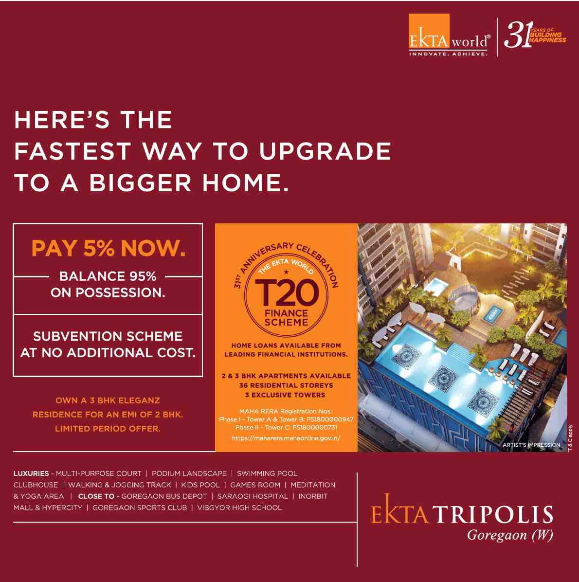 Pay 5% now and 95% on possession at Ekta Tripolis in Mumbai Update